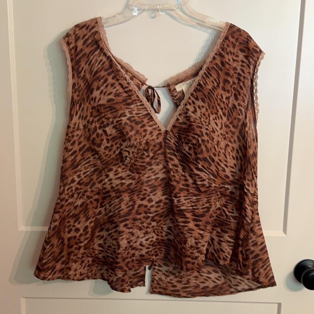 FESTI Camisole Tank Top Sz 1 Brown Animal Print Sheer Tie Back Boho Mob Wife